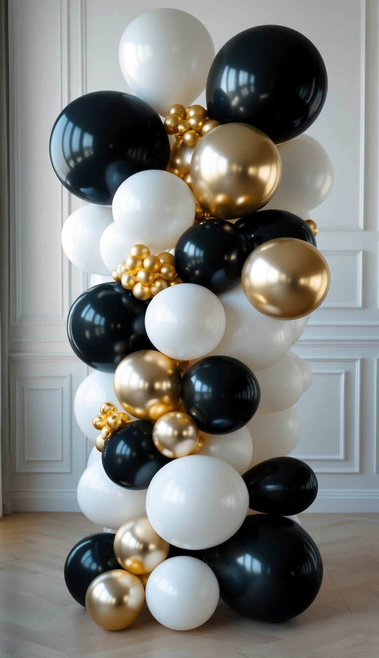 A balloon garland made of black, white, and gold balloons arranged in a decorative display.